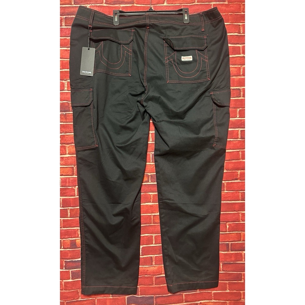 True Religion Mens 42 Cargo Pants‎ Jet Black Red Contrast Stitch 108335 NWT
